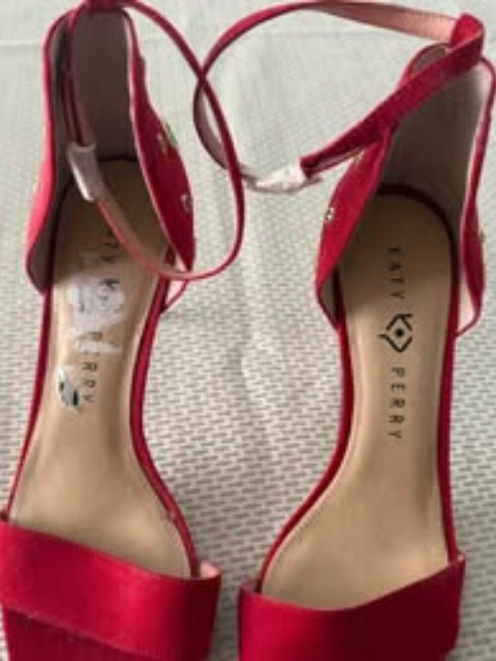Katy Perry ankle strap, red suede with jeweled  ankle heel.